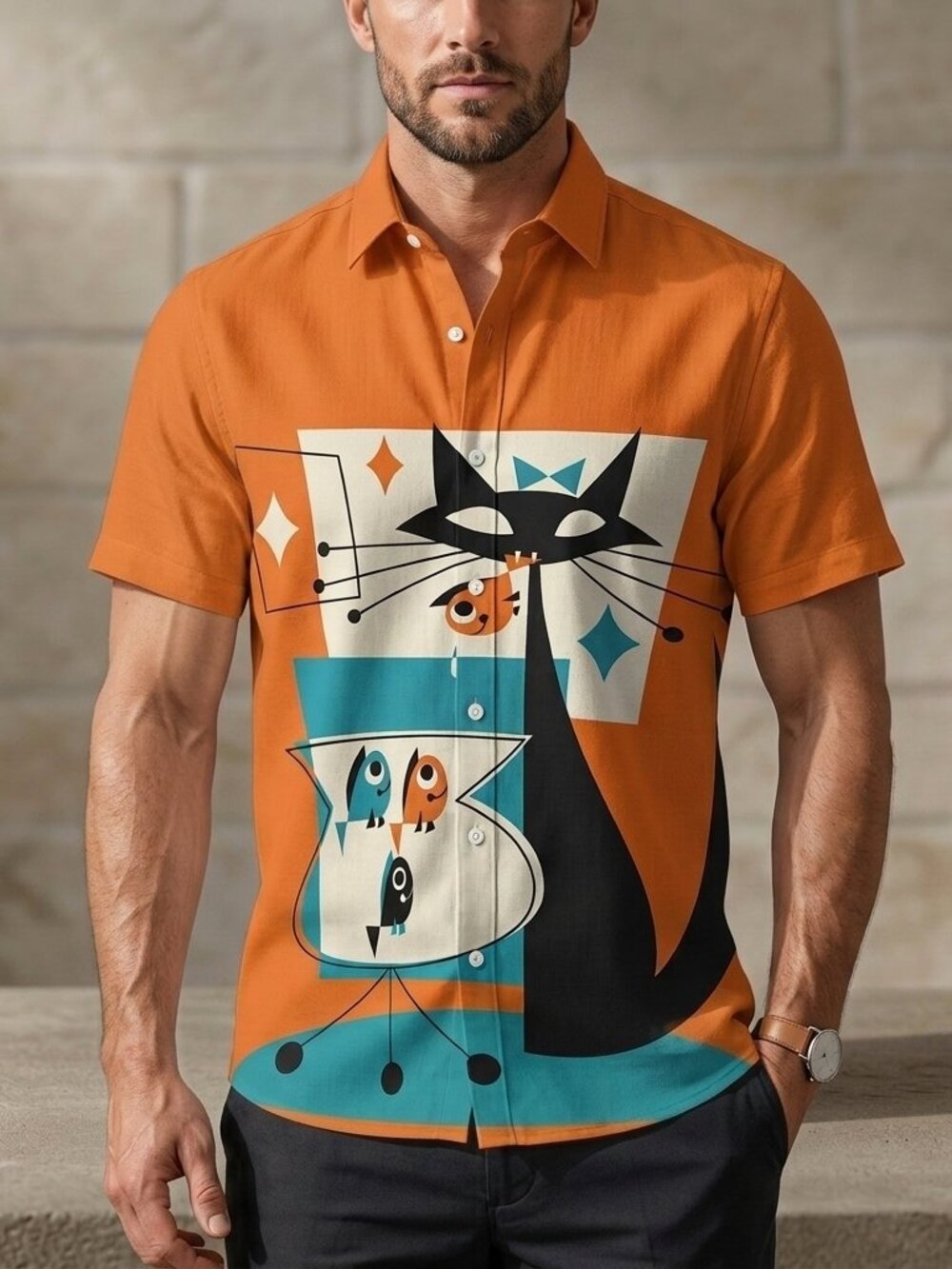Retro Cat Pop Art Shirt • Vibrant Graphic Button‑Up • Unisex Casual Resort Style
